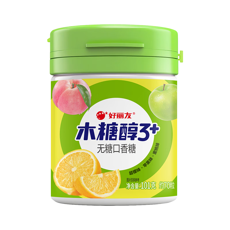好丽友 无糖口香糖 超檬/苹果/蜜桃味 101g/瓶 休闲零食 口气清新 提神