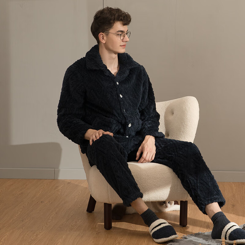 芬腾男士睡衣珊瑚绒家居服套装秋冬保暖 M98241403-宝兰 XL