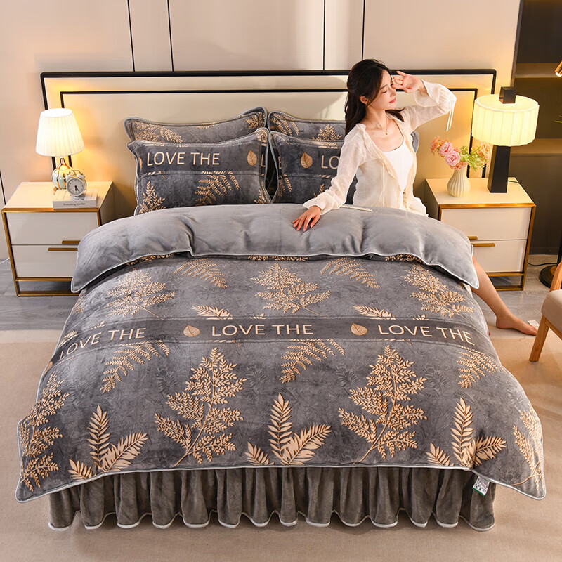 【双11特惠】冬季牛奶绒四件套加厚保暖厚双面绒被套床单珊瑚绒 黄金叶 2.0米床 床单款 （被套200*230cm）