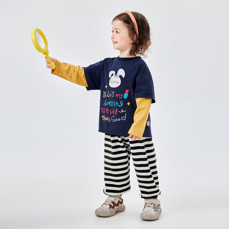 嘟嘟家女童长袖套装春装女小童秋款可爱假两件T恤女宝宝休闲条纹裤子潮 藏青色 90