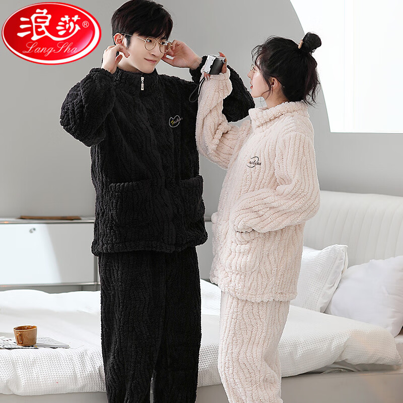 浪莎(LangSha)夫妻情侣长袖珊瑚绒家居服冬季男女可外穿本命年红色睡衣套装 单女 L 建议女100-120斤,男105-135斤