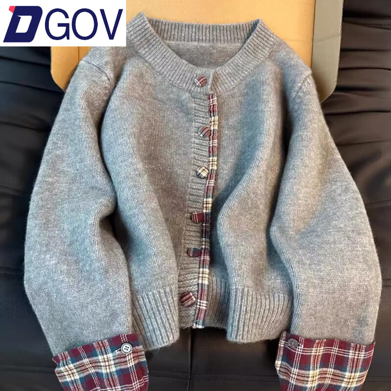 DGOV假两件韩系圆领拼接格子毛衣女2026春季新款针织外套宽松休闲开衫 灰色 （优质版） XL 建议115-130斤