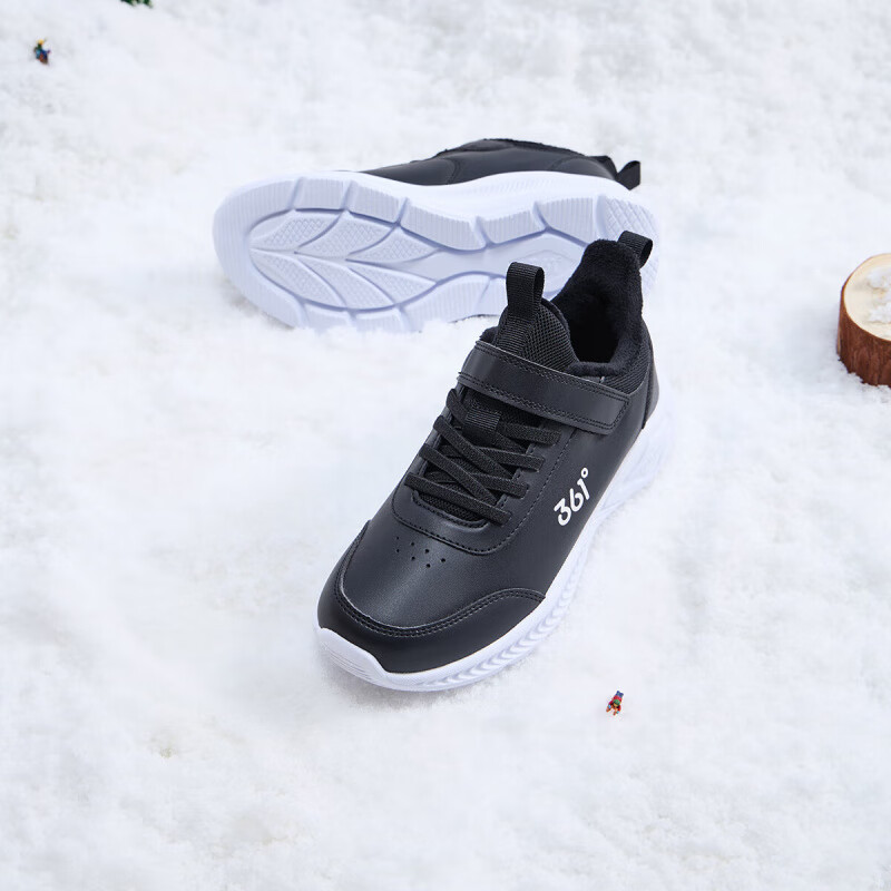 361°儿童运动鞋男童跑鞋秋冬密网轻便魔术贴女童皮革加绒保暖运动鞋 【皮革加绒】碳黑/361度白 38