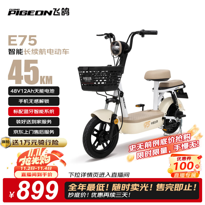 飞鸽E75【直播间领100元券】智能电动自行车45公里长续航电动车铅酸电池48V12A电瓶车国标可上牌白