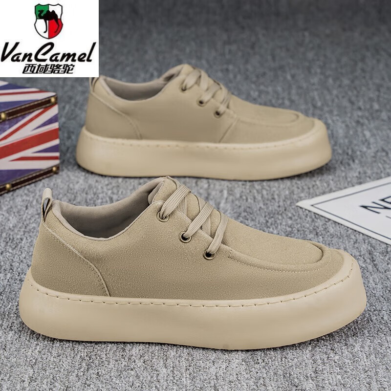 西域駱駝(VANCAMEL)牛反絨皮工裝鞋男2025秋季新款歐美低幫百搭潮流休閑袋鼠鞋馬丁靴 卡其【主圖款】 39