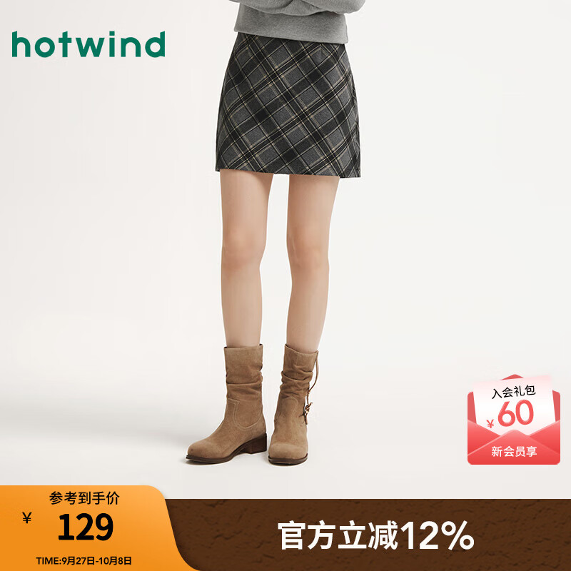 热风女士格子半身裙2025年冬季新款复古文艺打底裙显瘦高腰直筒裙 19黑白 S