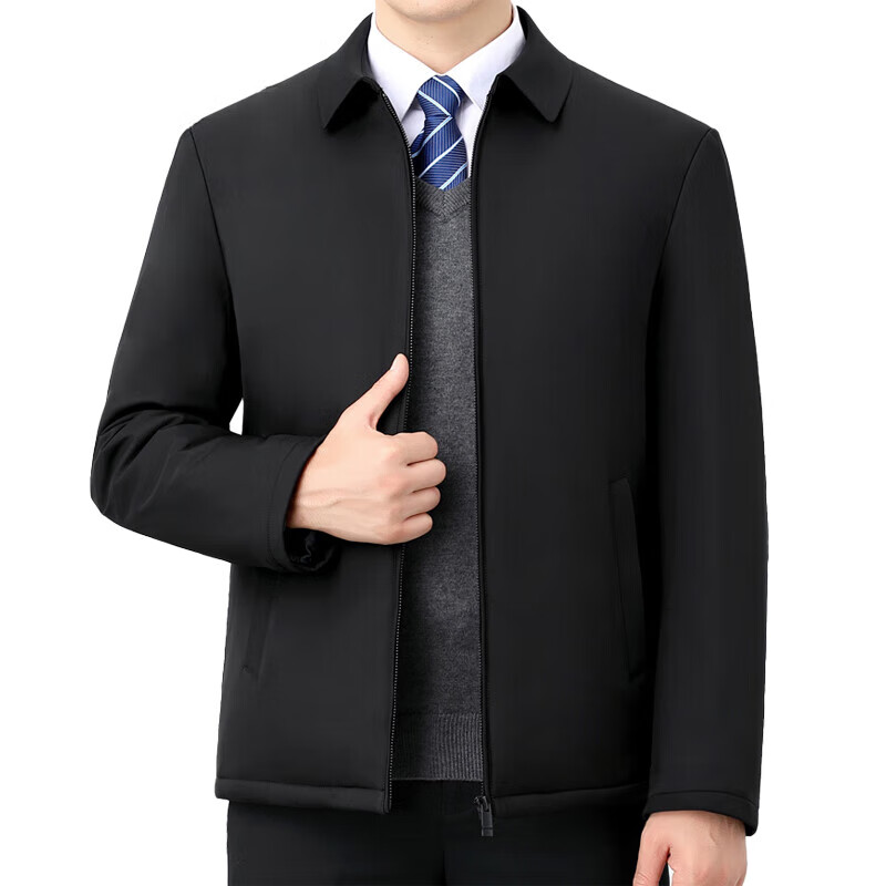 中年棉衣男士夹棉外套中老年爸爸装秋冬季加厚行政夹克薄棉服棉袄 【拉链款】黑色/加棉 L 【建议体重90斤-110斤】