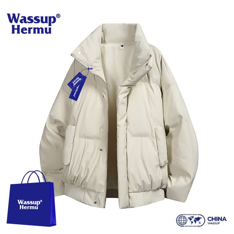 WASSUP HERMU官方短款棉服男冬季PU皮面防泼水纯色立领cleanfit外套宽松面包服 米色 S （推荐80-110斤）