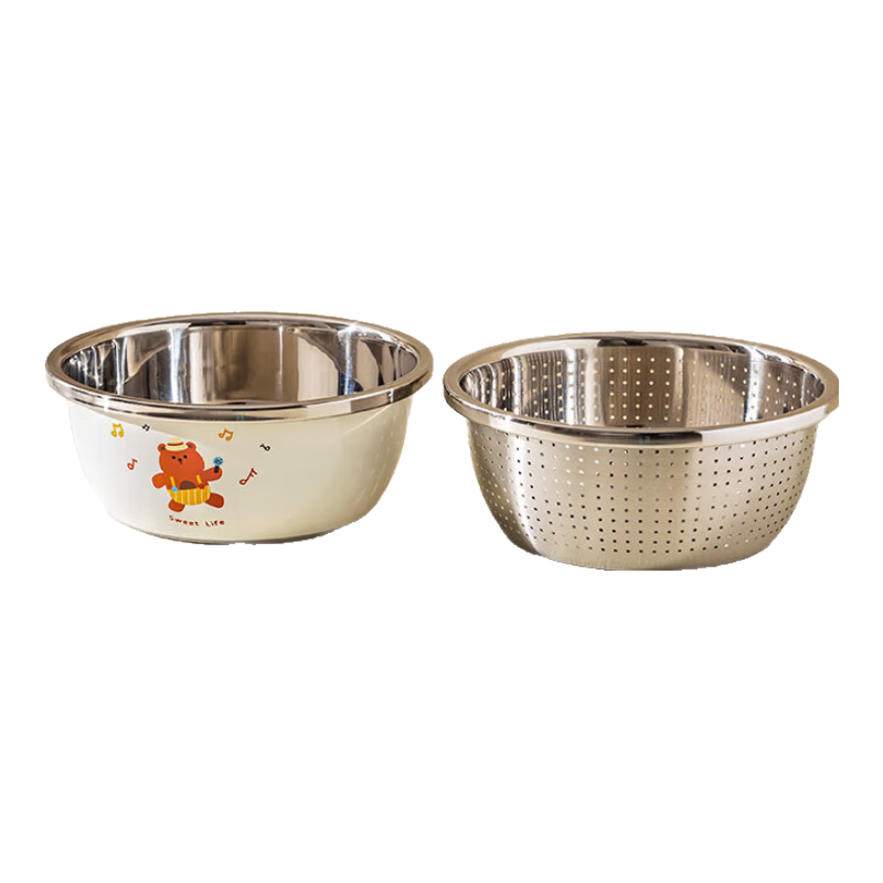 摩登主婦不銹鋼盆和面盆洗菜盆瀝水籃揉面盆子家用廚房料理打蛋盆 304鋼熊貓料理盆22cm