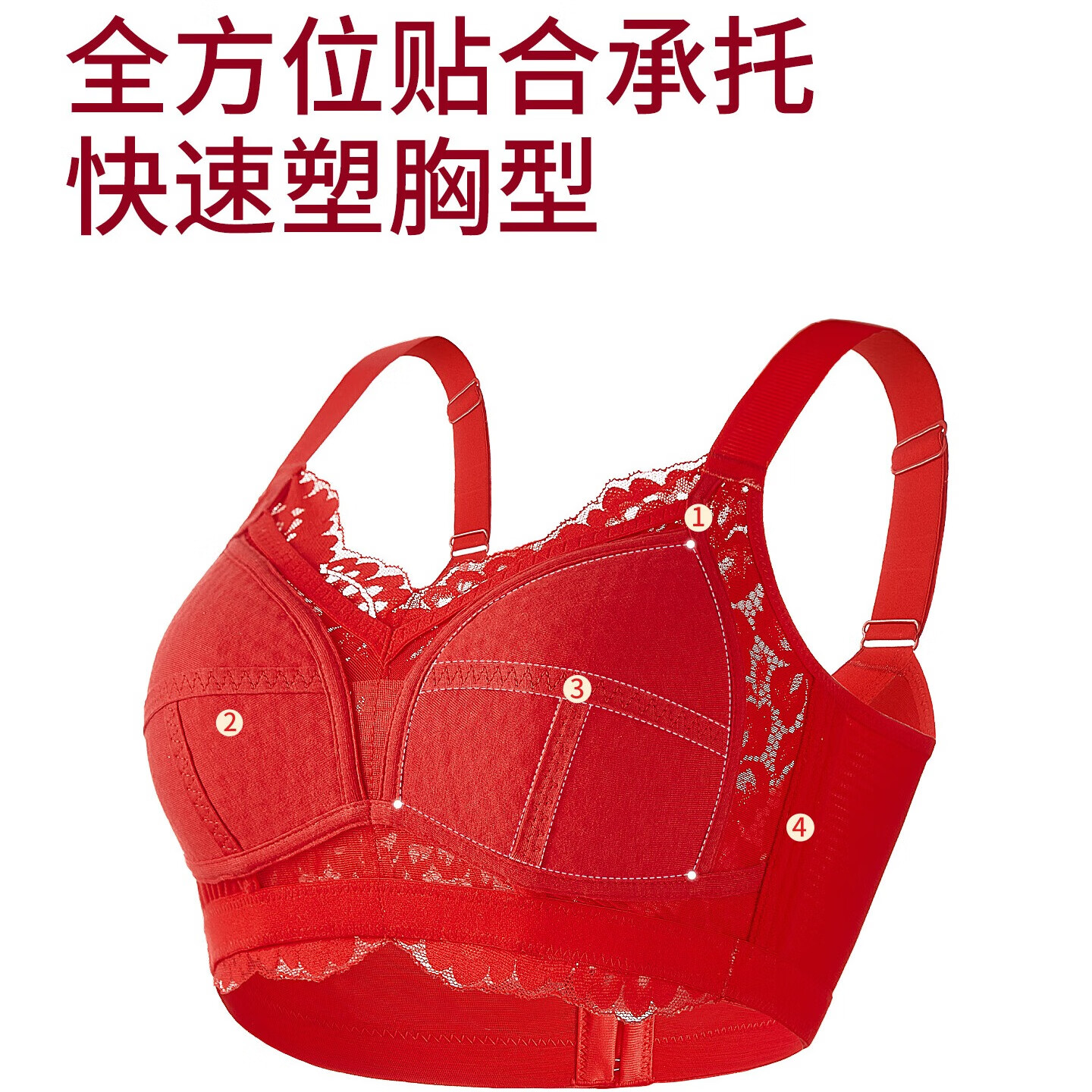 千奈美红色喜庆内衣大胸显小防下垂收副乳无钢圈蕾丝文胸罩 大红色 (幸运红) 80B