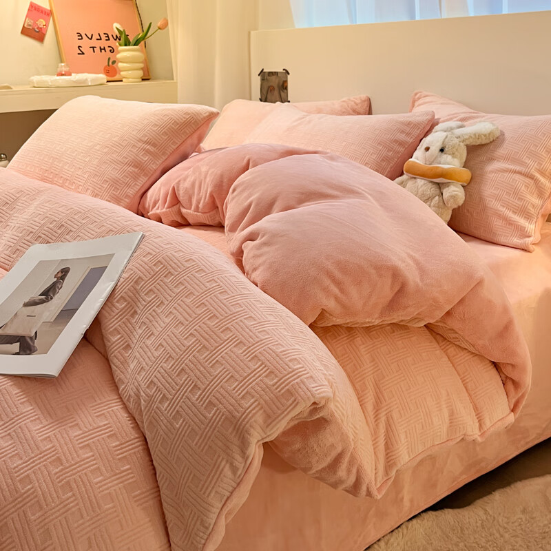 猫人牛奶绒床上四件套冬季加厚2025新款加绒珊瑚法兰绒床单被套 【编织纹-粉色】双面加绒加厚 床笠款 1.8m床【四件套】适200x230cm被芯