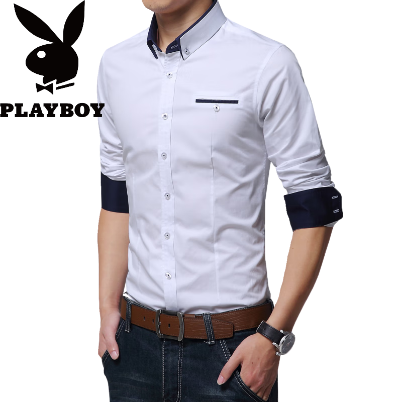 花花公子(PLAYBOY)衬衫男士长袖秋冬季保暖村子外穿大码拼色耐脏领加厚西装衬衣 白色 DCZ1306-239181 加绒 M =38码【建议100-112斤