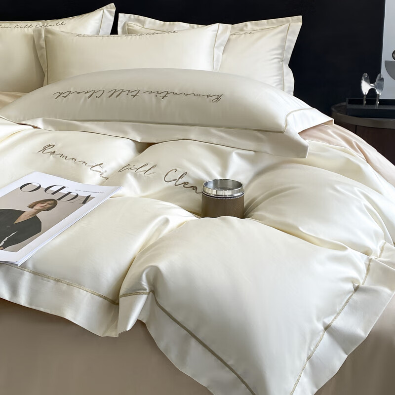 VJE高级感全棉床上四件套100纯棉长绒棉2026款床单被套床笠床上用品 安娜奶昔白+奶茶 四件套1.5/1.8 床单款 -被套200*230cm