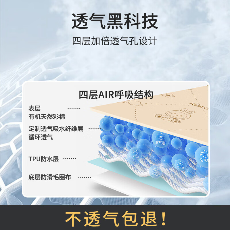 童葵隔尿垫婴儿防水可洗床上尿垫新生宝宝纯棉可水洗床垫儿童床单垫子 【7A抗菌】彩棉小兔【原生态 无添加】 150*200cm1条装【整床满铺】