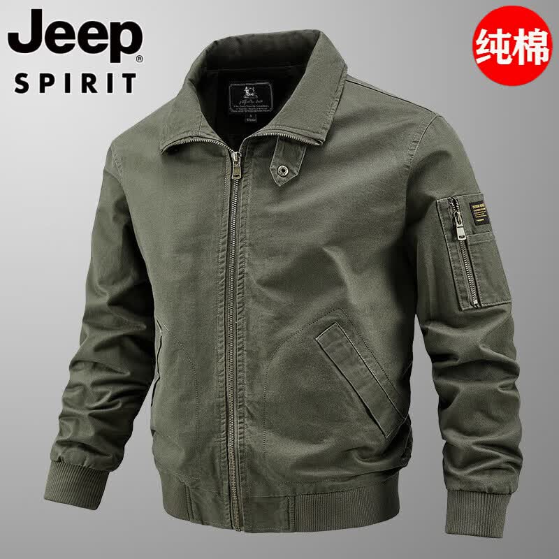 JEEP纯棉飞行员夹克春秋季新款男士宽松大码工装加绒休闲户外青年外套 卡其色-加绒 XL 150斤左右