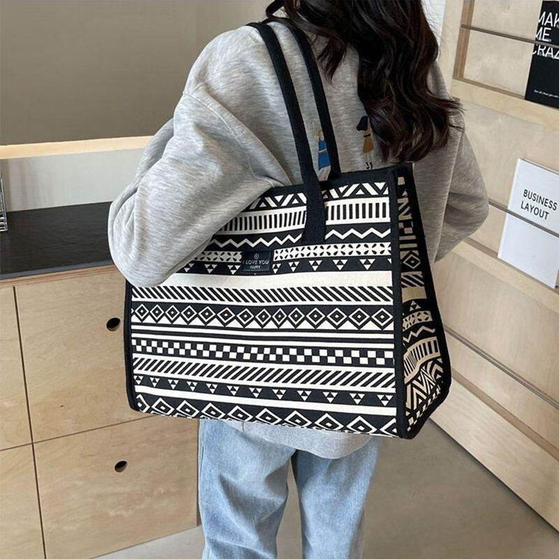 鹏境大容量2025新款托特包包女通勤帆布单肩手提购物袋外出旅行通勤包 几何条纹-【经典色】