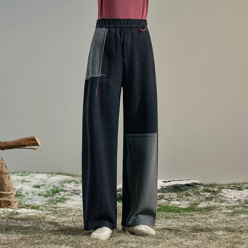 日著(zhù)（rizhuo）尋游羊毛休閑褲2025新款冬季女裝寬松拼色闊腿直筒毛呢長(cháng)褲子 游牧藍 M