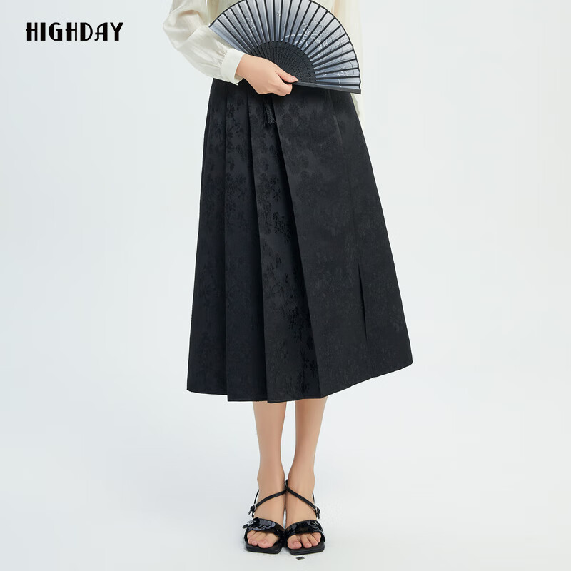 轩日2025春秋新款高腰半身裙女商场同款黑色提花百褶a