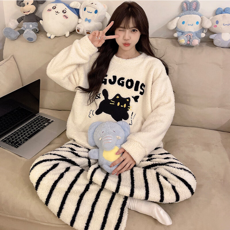都市丽人半边绒睡衣女秋冬季2025新款可爱卡通宽松珊瑚绒可外穿家居服套装 字母黑猫 XL