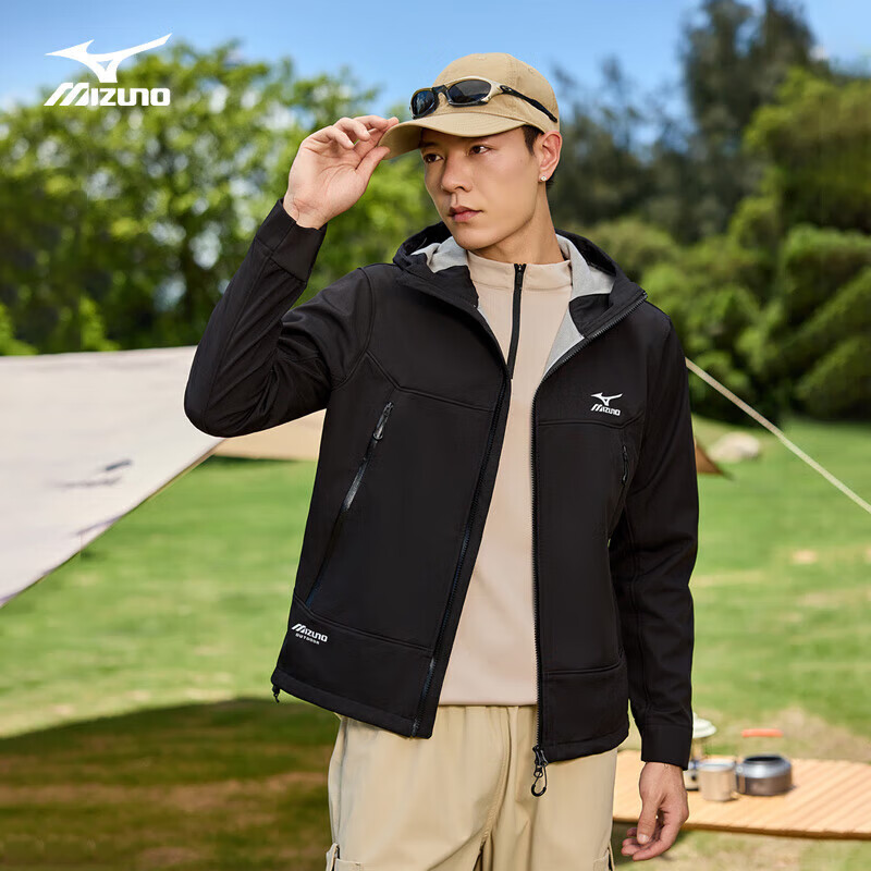 美津浓（MIZUNO）户外软壳男情侣夹克外套连帽透气防风防泼水休闲百搭登山服 幻影黑 M