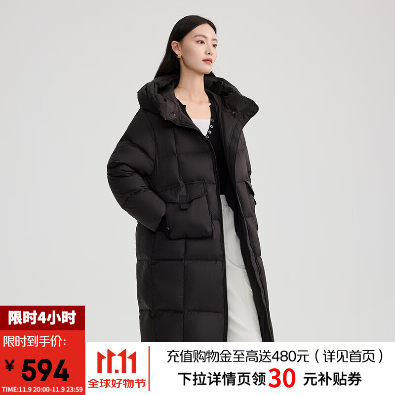 艾莱依（ERAL）女士羽绒服O版轻运动羽绒服连帽加厚鸭绒羽绒服显瘦保暖时尚外套 炭黑 S 155【建议80-110斤】