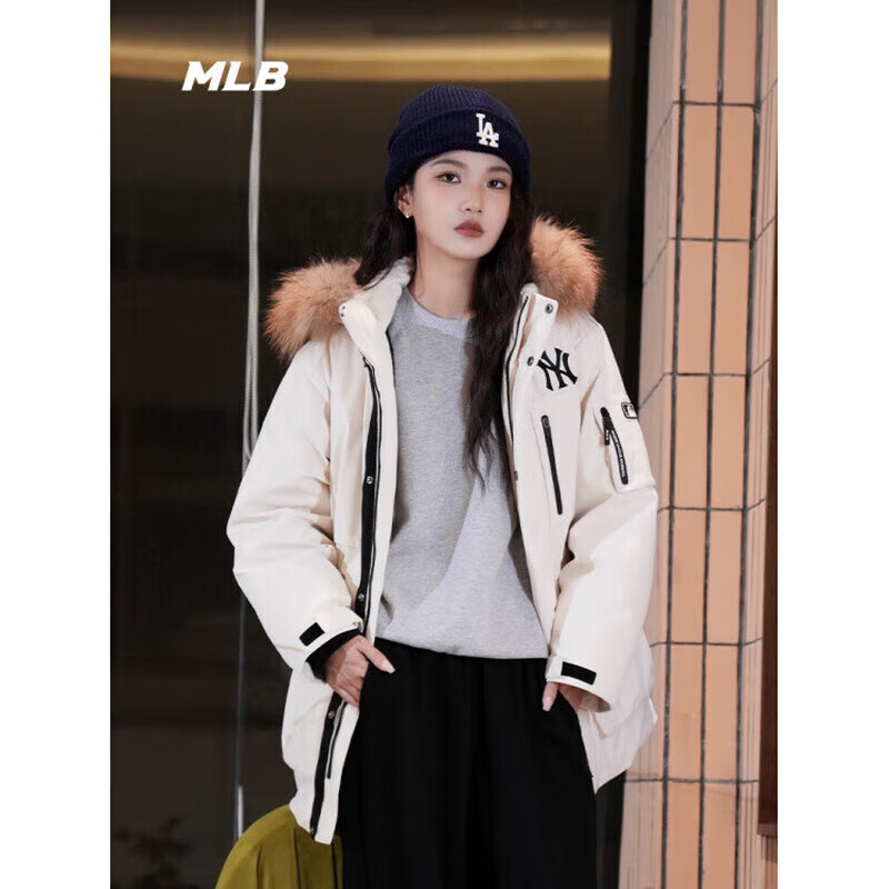 MLB男女张凌赫中长款户外时尚羽绒服加厚鹅绒工装风毛领服24秋冬 纽约洋基队/奶白色 XL