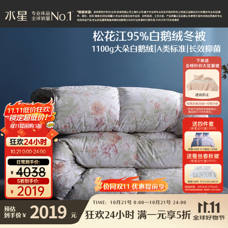 水星家纺羽绒被95%白鹅绒被子冬季加厚冬被芯双人羽绒被220cm×240cm-1100g