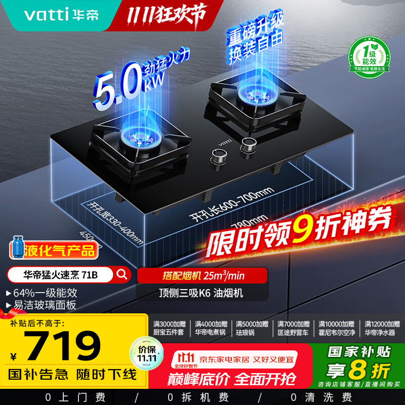 华帝（VATTI）国家补贴20%燃气灶煤气灶台式嵌入式5.0kW猛火熄火保护一级能效双灶台灶具i10071B【液化气商品