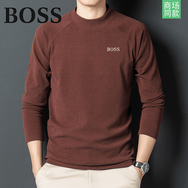 BOSS德国BOSS秋冬德绒长袖T恤半高领卫衣男休闲百搭打底上衣 安可拉红 M 100-120斤