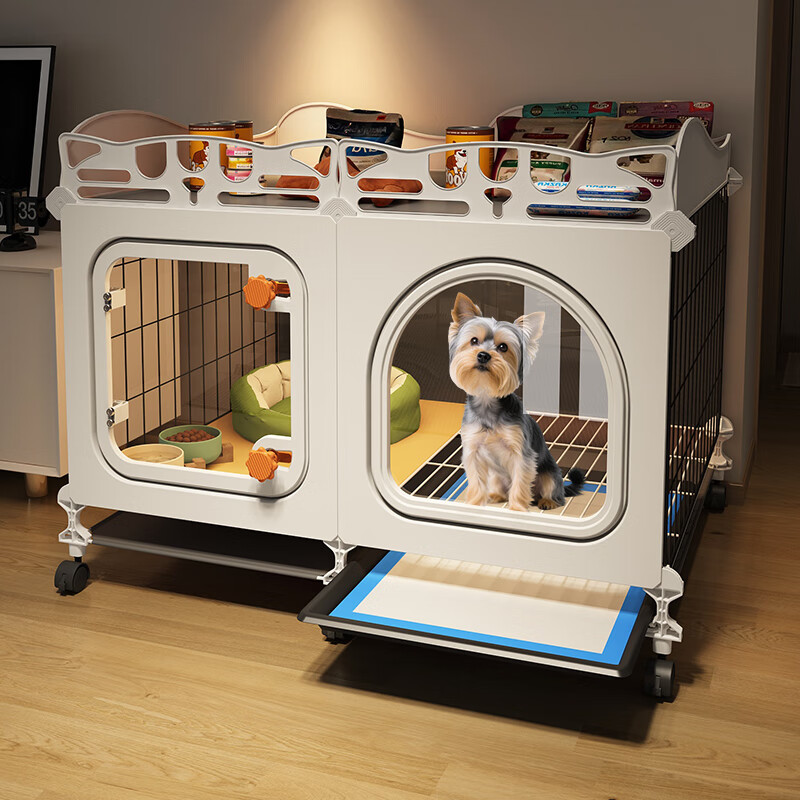 爱咪宠狗笼子带厕所分离小型犬栅栏泰迪博美比熊用狗窝狗屋一室一卫 大号-送保暖狗窝-带滑轮可推动-70*45*57 升级训厕置物款：训厕狗笼+托盘厕所
