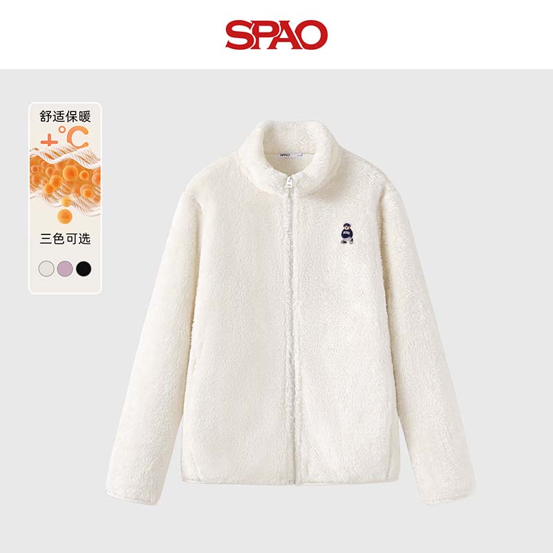SPAO立领加绒开衫上衣男女2025冬季舒棉绒加厚保暖外套SPWT25AJ09XY 杏#SP海军熊-刺绣车 M