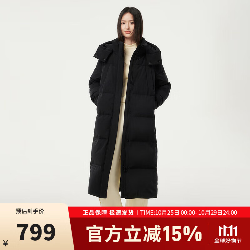 坦博尔长款羽绒服女过膝可脱卸帽冬天保暖加厚外套 黑色 XS (155)