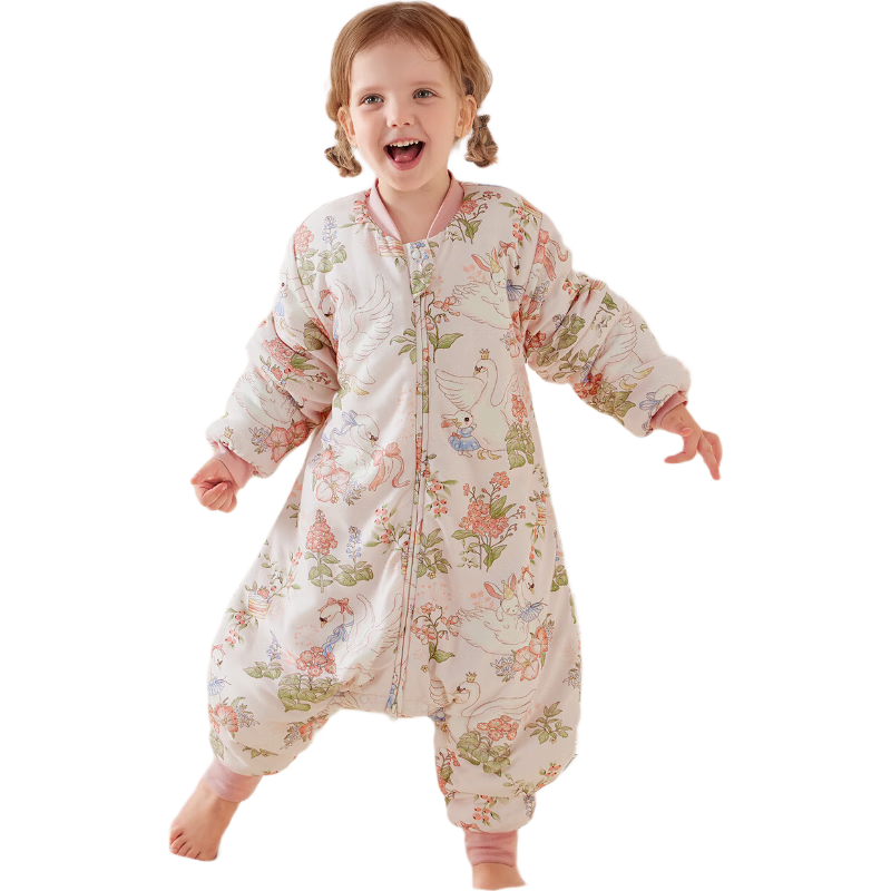 kidsneed睡袋嬰兒秋冬小月齡新生幼兒寶寶防踢被恒溫神器兒童分腿款1-3歲 50s純棉&20%桑蠶絲【秋季薄夾棉15~20℃】塔瓦娜天鵝 XXL碼【適合身高120-130cm】建議年齡5.5-7.5歲