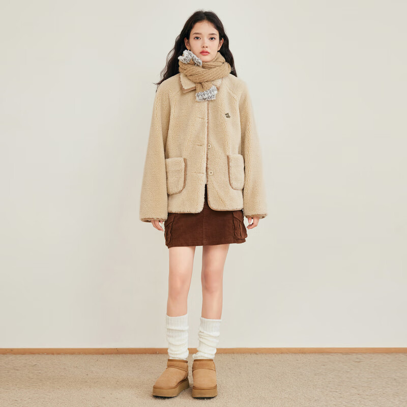 乐町学院风翻领仿羊羔毛外套 法国橡木棕(现货) XS