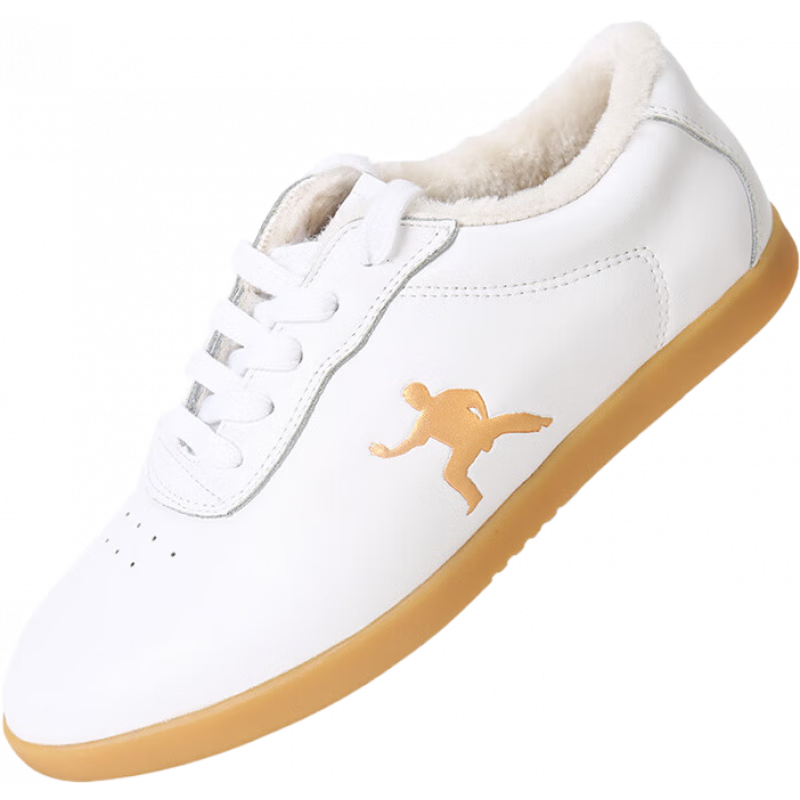 勁武（JIN WU）冬季太極鞋女牛筋底真皮加絨太極拳練功鞋保暖武術(shù)運動功夫棉鞋男 白色 36