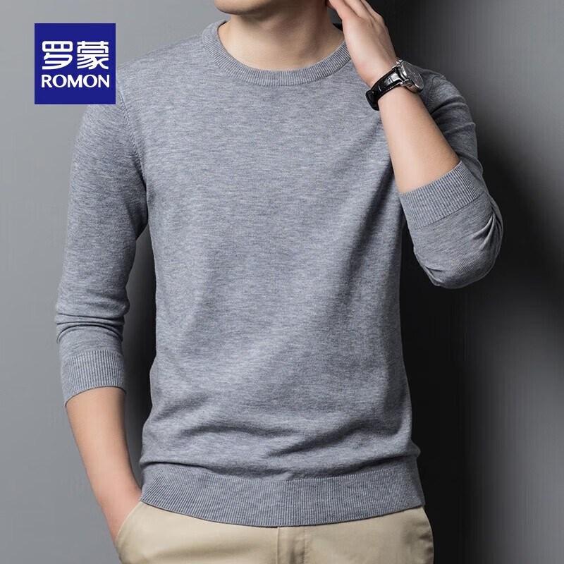 罗蒙男士圆领针织衫秋冬新款简约保暖时尚休闲毛衣打底衫 灰色 3XL 190