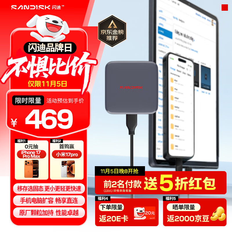 闪迪（SanDisk）ELE™1TB 移动固态硬盘（PSSD）新元素 type-c接口 小巧便携手机直连笔记本两用外接 办公存储西数