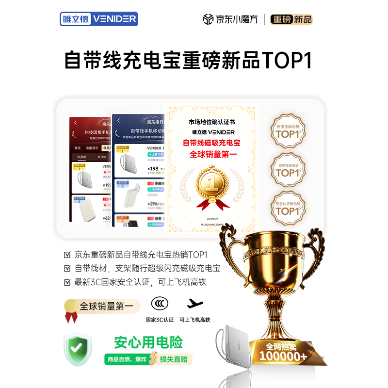 VENIDER【国家3C认证丨自带线+支架磁吸充电宝】可上飞机高铁自带线超薄无线充苹果17iphone大容量1万毫安 【全新升级】银色丨自带线+支架10000mAh 1万毫安丨自带线+支架丨国家最新3C认证