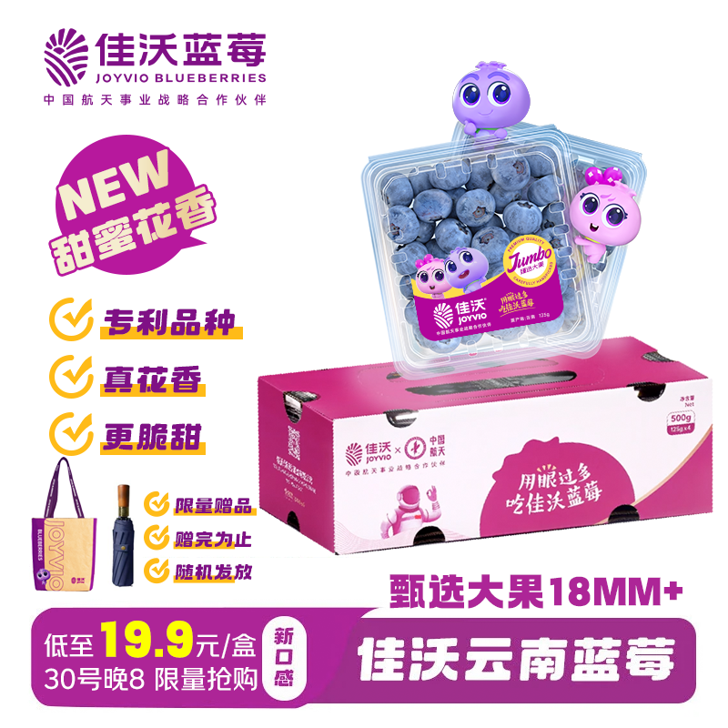 佳沃 JOYVIO云南蓝莓甜蜜花香系列 18mm+ 4盒礼盒装 约125g/盒 生鲜水果