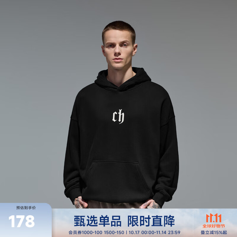 CHINISM CH赤尘经典简约logo印花连帽卫衣男士春秋休闲情侣 黑色 （偏宽松，建议拍小一码） L