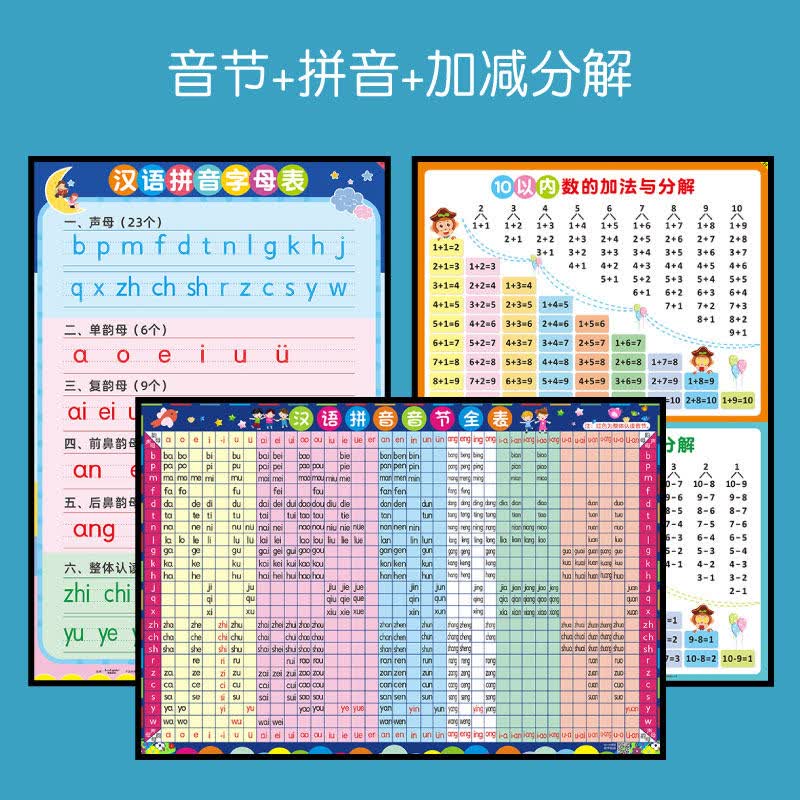 以内加减法口诀表一年级小孩宝宝识字墙贴 【3张】加减分解 拼音 音节