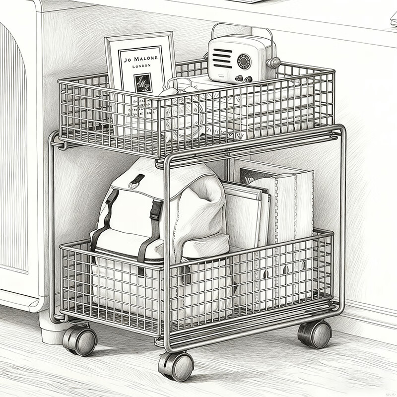 尔思家书架立式落地桌下可移动置物架现代简约书包收纳办公室柜子储物柜 黑色大号-带轮