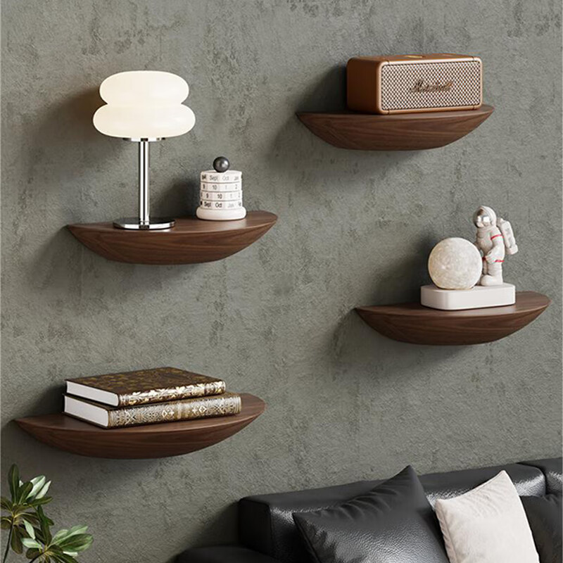 尔思家墙上置物架客厅轻奢展示架免打孔一字隔板实木壁挂路由器放置架 胡桃色小号【进口实木】