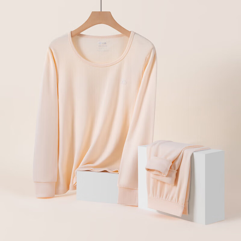 芬腾保暖内衣【纯棉 防静电】情侣圆领温暖打底套装秋衣秋裤新年 女款-米杏 L