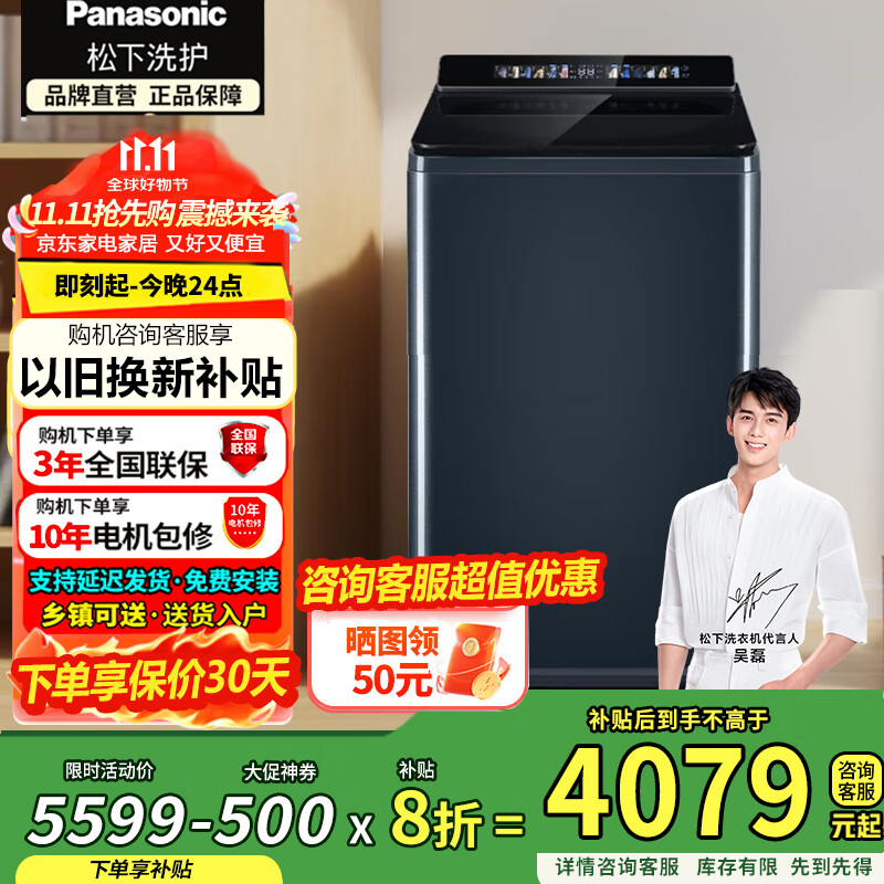 松下（Panasonic）波轮洗衣机全自动12公斤大容量除菌除螨羽绒内衣洗衣机彩屏不弯腰XQB120-U2F1以旧换新国