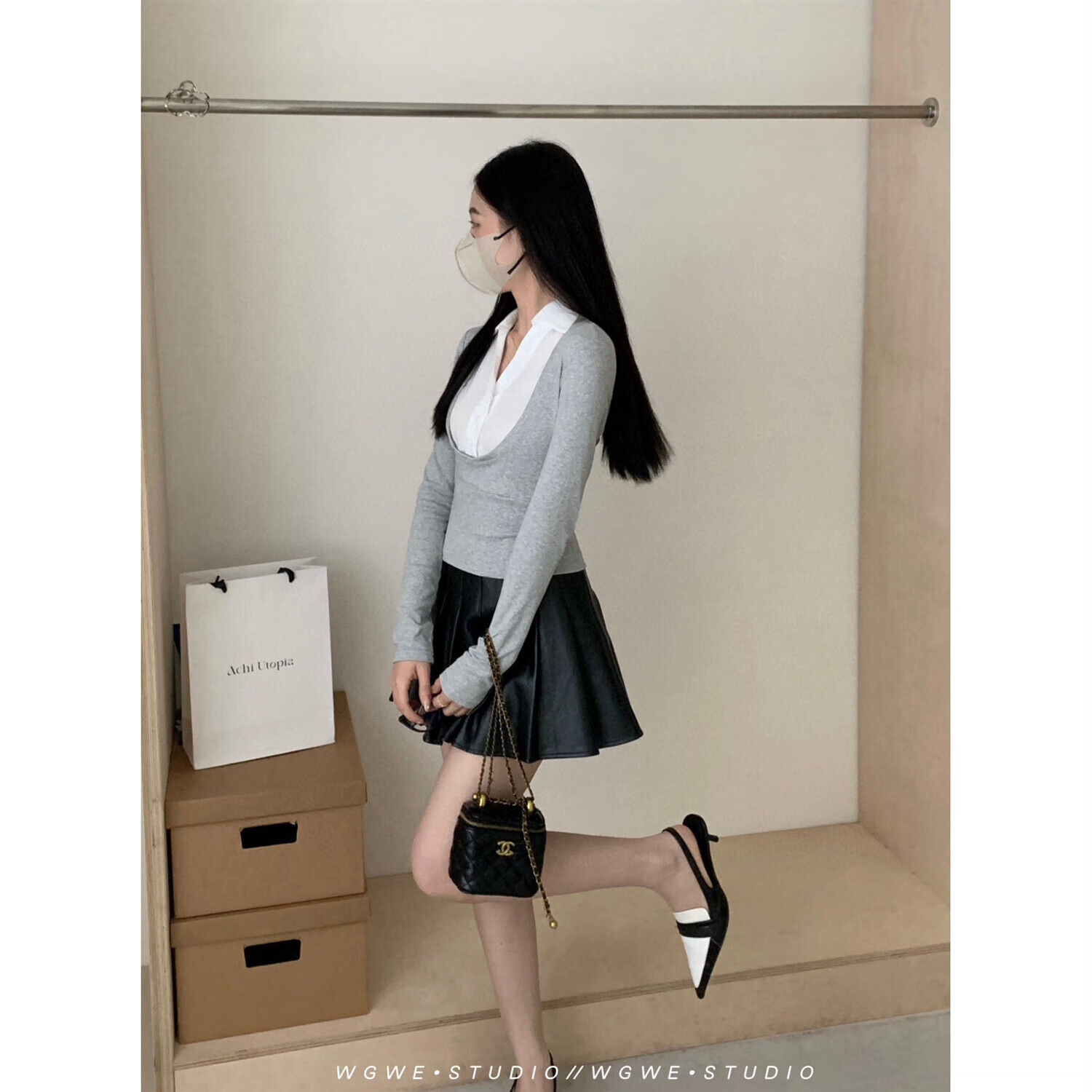 【厂家现发】39.48 WE纯欲黑色假两件衬衫领百搭显瘦休闲打底套头 黑色 S