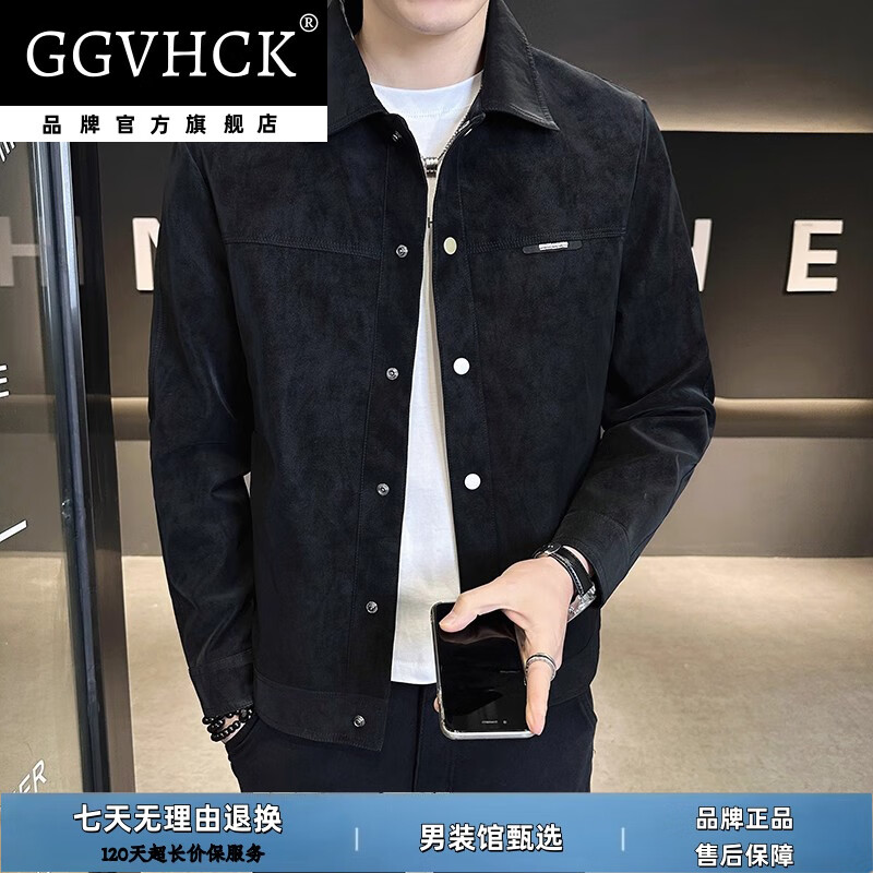GG VH CK品牌轻奢夹克男士2026春季新款高级感仿鹿皮商务休闲男外套高档 黑色加绒款 4XL