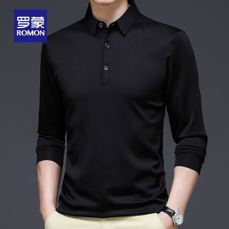 罗蒙(ROMON)长袖t恤男2025秋季新款纯色翻领Polo中青年男士商务休闲弹力T恤衫 黑色 S 165 (建议100-125斤)