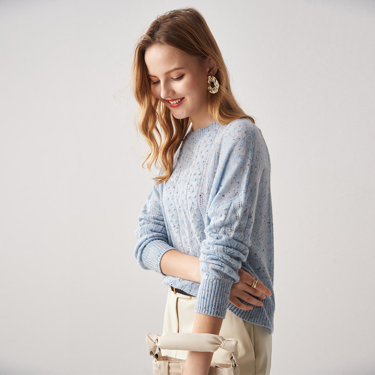 帕罗（PALUOPO）【100%山羊绒】秋冬镂空绞花设计淑女宽松气质针织羊绒衫女 天兰彩点 M 100