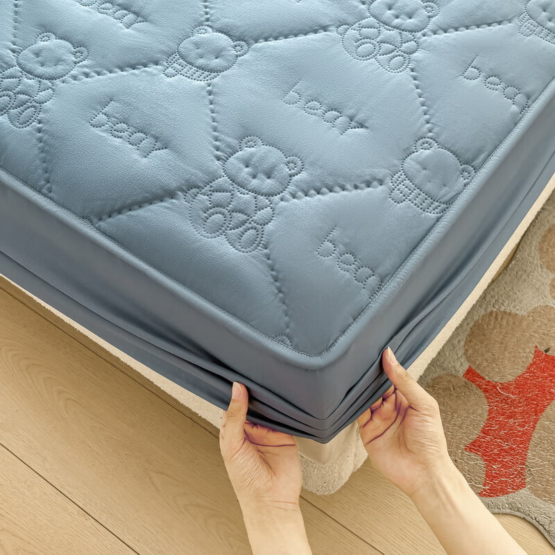 雅鹿加厚夹棉床笠防尘绗缝床罩三件套隔脏床盖床垫保护套床上用品 小熊夹棉床笠-宾利蓝【蓬松柔软 四季通用】 150*200cm单床笠